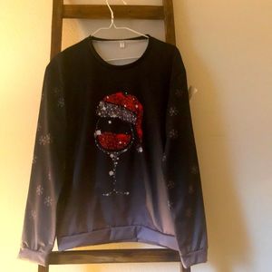 Black Xmas Top with Santa Champagne Glass Motif